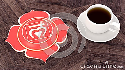 Ð¡up of coffee on a wooden table. Morning Chakra Meditation. Muladhara symbol 3d illustration Stock Photo